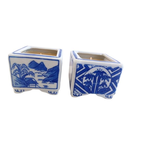 Vintage Set of 2 Delft Blue Trinket Holders Porcelain Hand Painted 3x3" Oriental - Picture 3 of 6